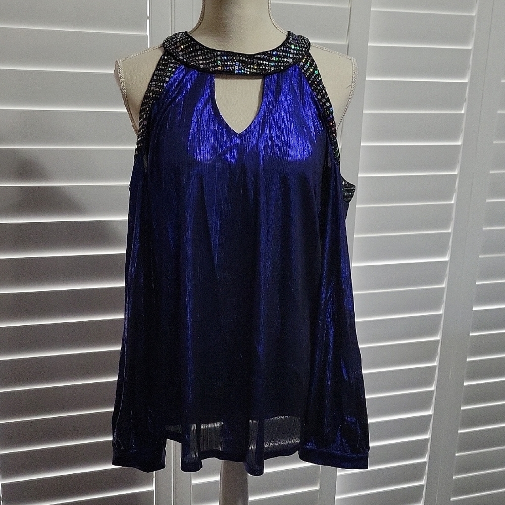 Blue Embellished Open Sholder Blouse